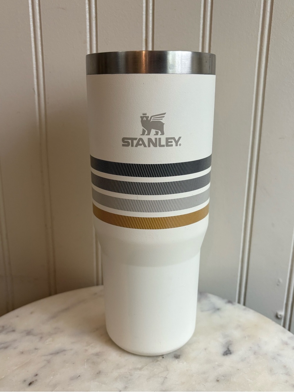 Stanley Varsity Iceflow 30oz Tumbler Cream Ash Stripe Travel Mug Water Bottle - Picture 1 of 10